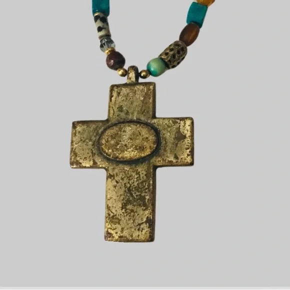 Vintage Michal Golan Cross Necklace Turquoise,Tiger Eye Gemstone Mosaic - Picture 6 of 9